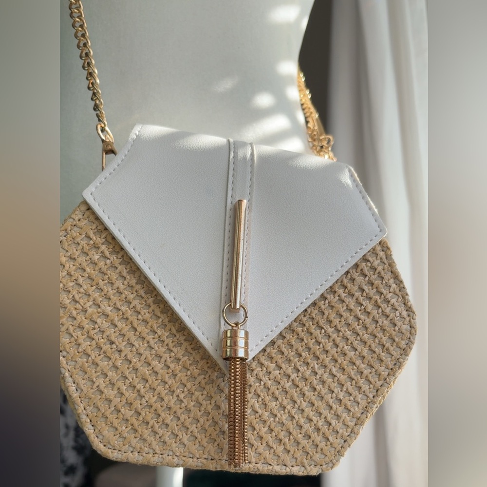 Chic White and Tan Crossbody Bag with Adjustable Gold Chain